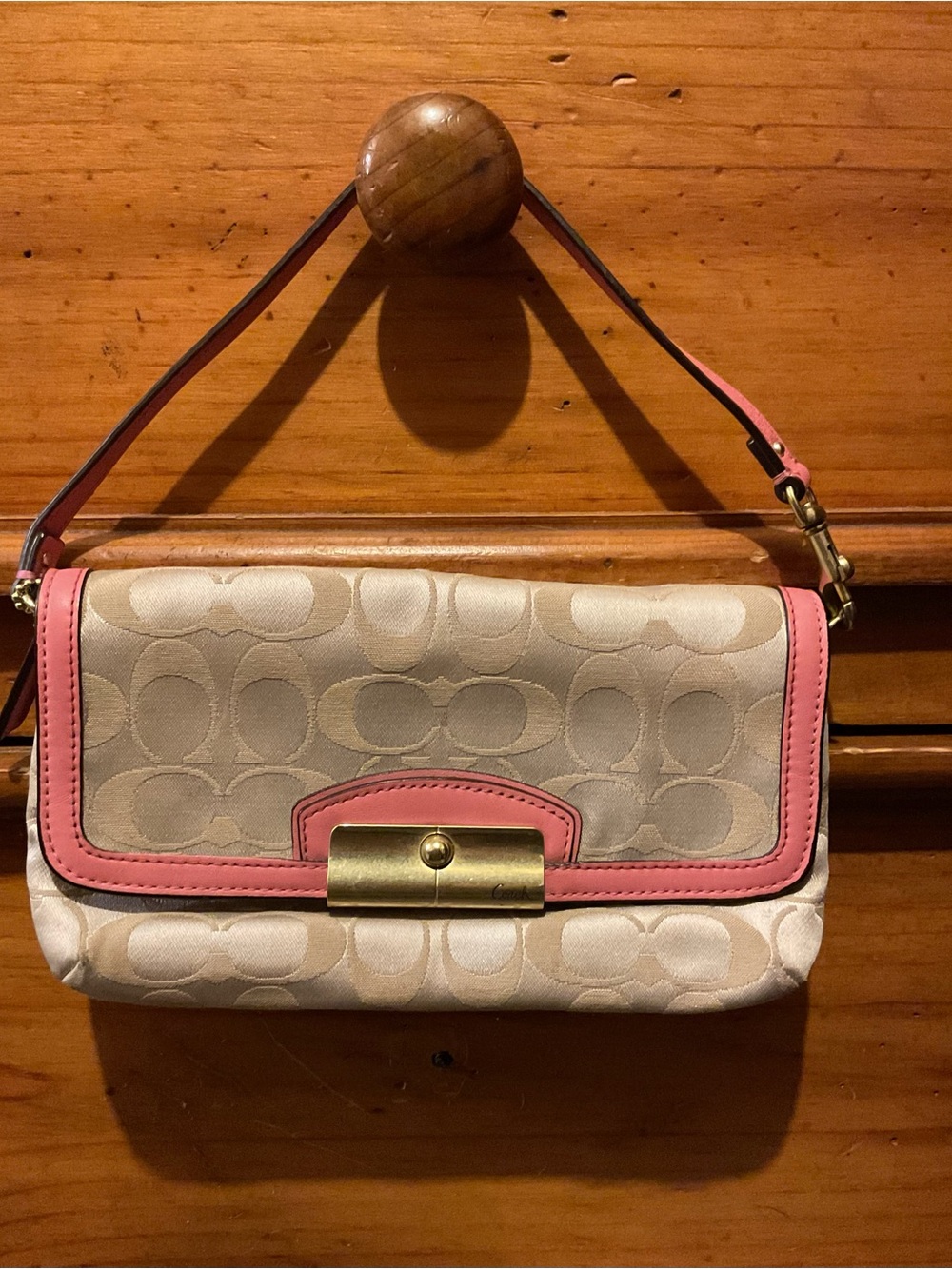 Coach Cream Signature Canvas Clutch with Pink Trim
